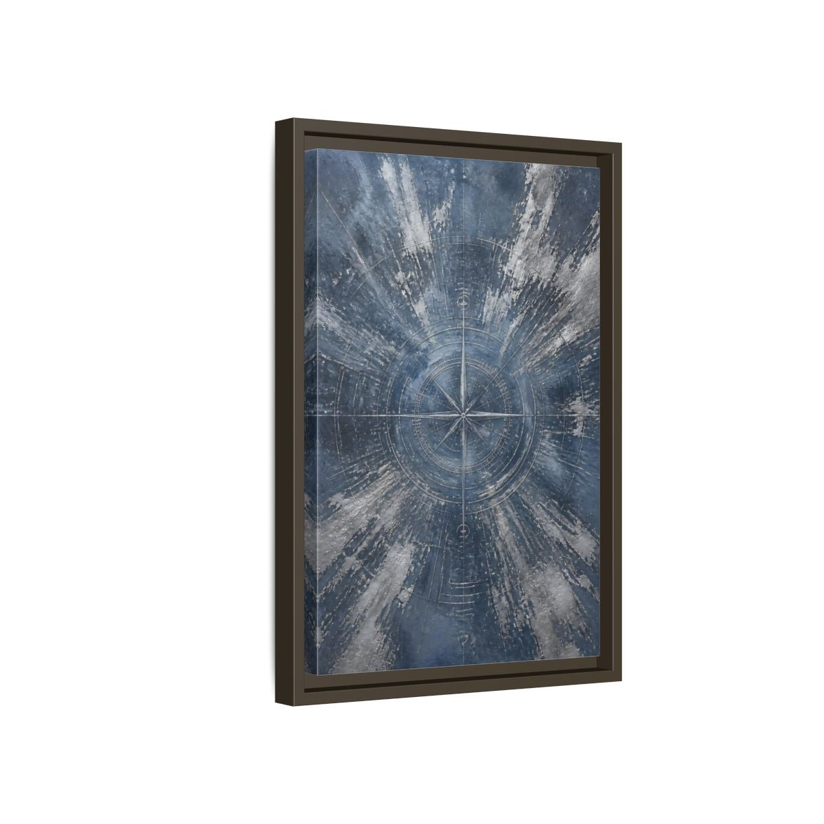 Side Mockup 5. Maps Compass Rose Blue And Silver shown as stretched canvas wall art