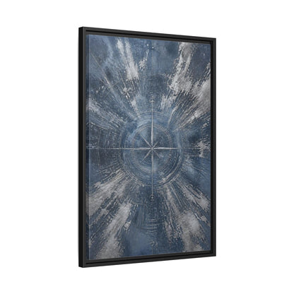 Side Mockup 14. Maps Compass Rose Blue And Silver shown as stretched canvas wall art