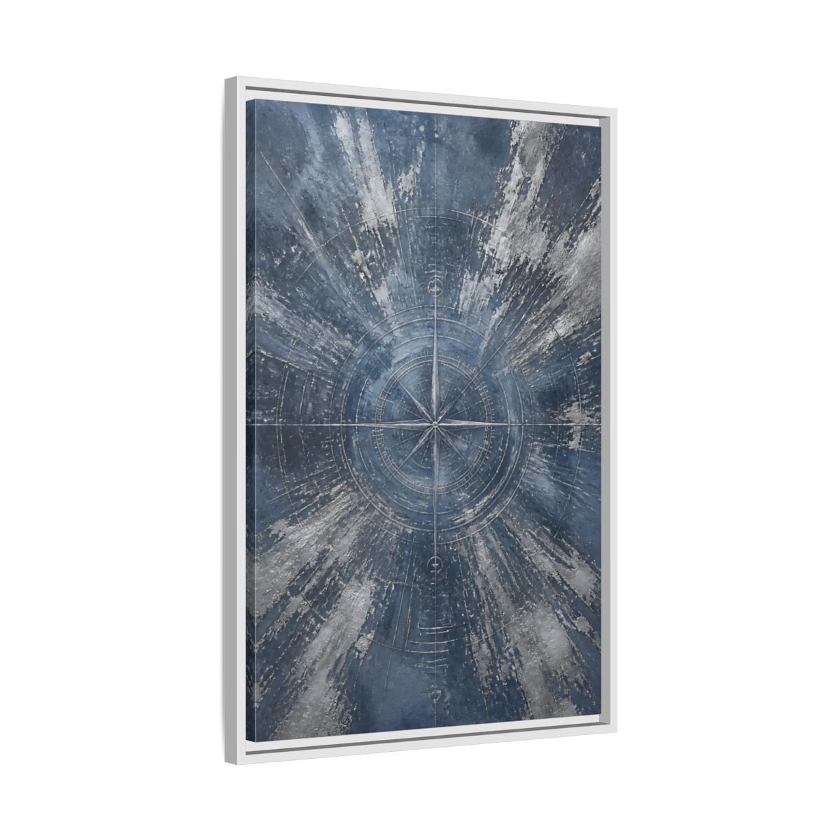 Side Mockup 10. Maps Compass Rose Blue And Silver shown as stretched canvas wall art