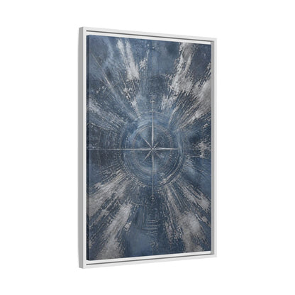 Side Mockup 10. Maps Compass Rose Blue And Silver shown as stretched canvas wall art
