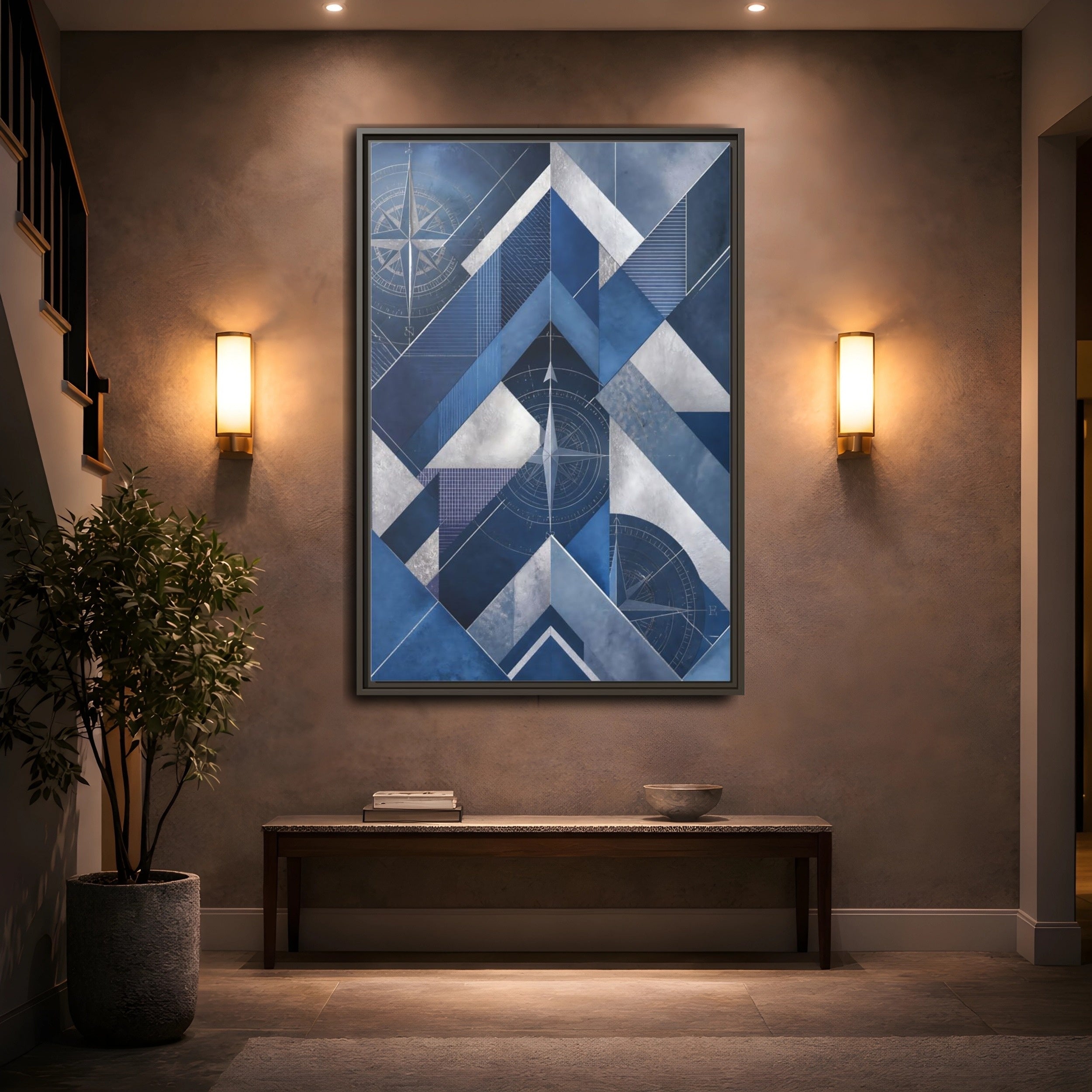 Mockup 2. Maps Compass Rose Blue And Silver shown as stretched canvas wall art