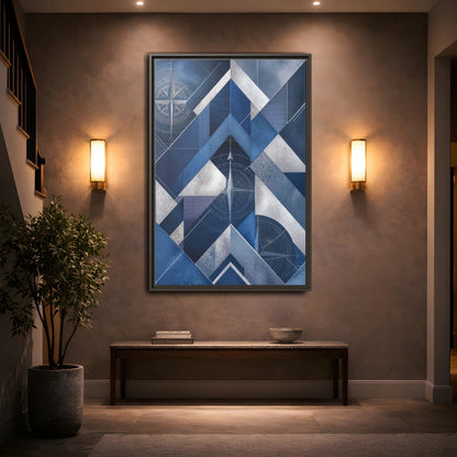 Mockup 2. Maps Compass Rose Blue And Silver shown as stretched canvas wall art