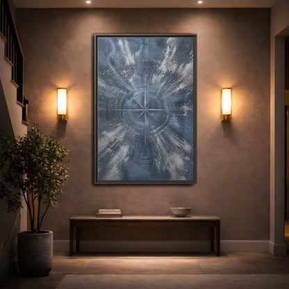 Mockup 2. Maps Compass Rose Blue And Silver shown as stretched canvas wall art