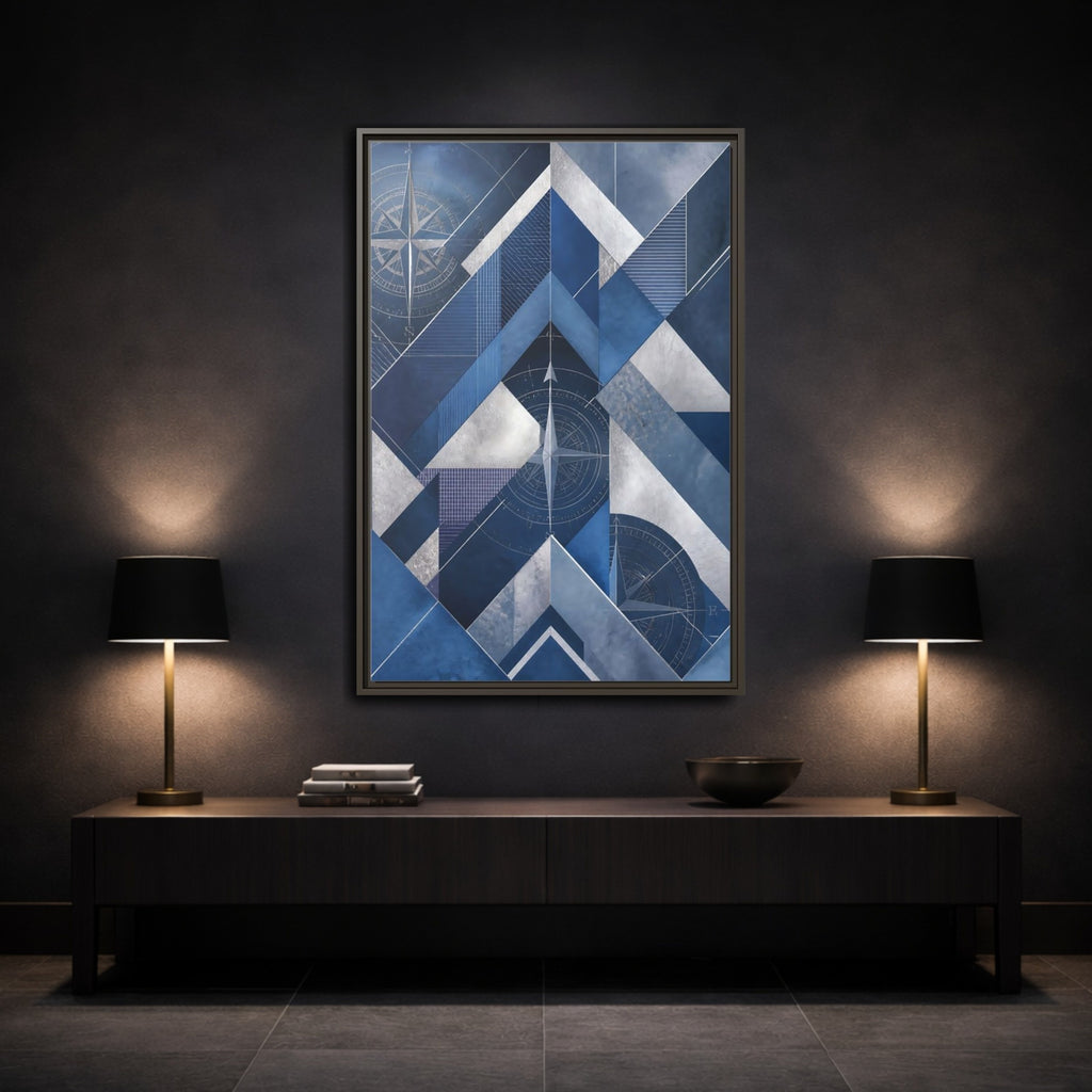Mockup 3. Maps Compass Rose Blue And Silver shown as stretched canvas wall art