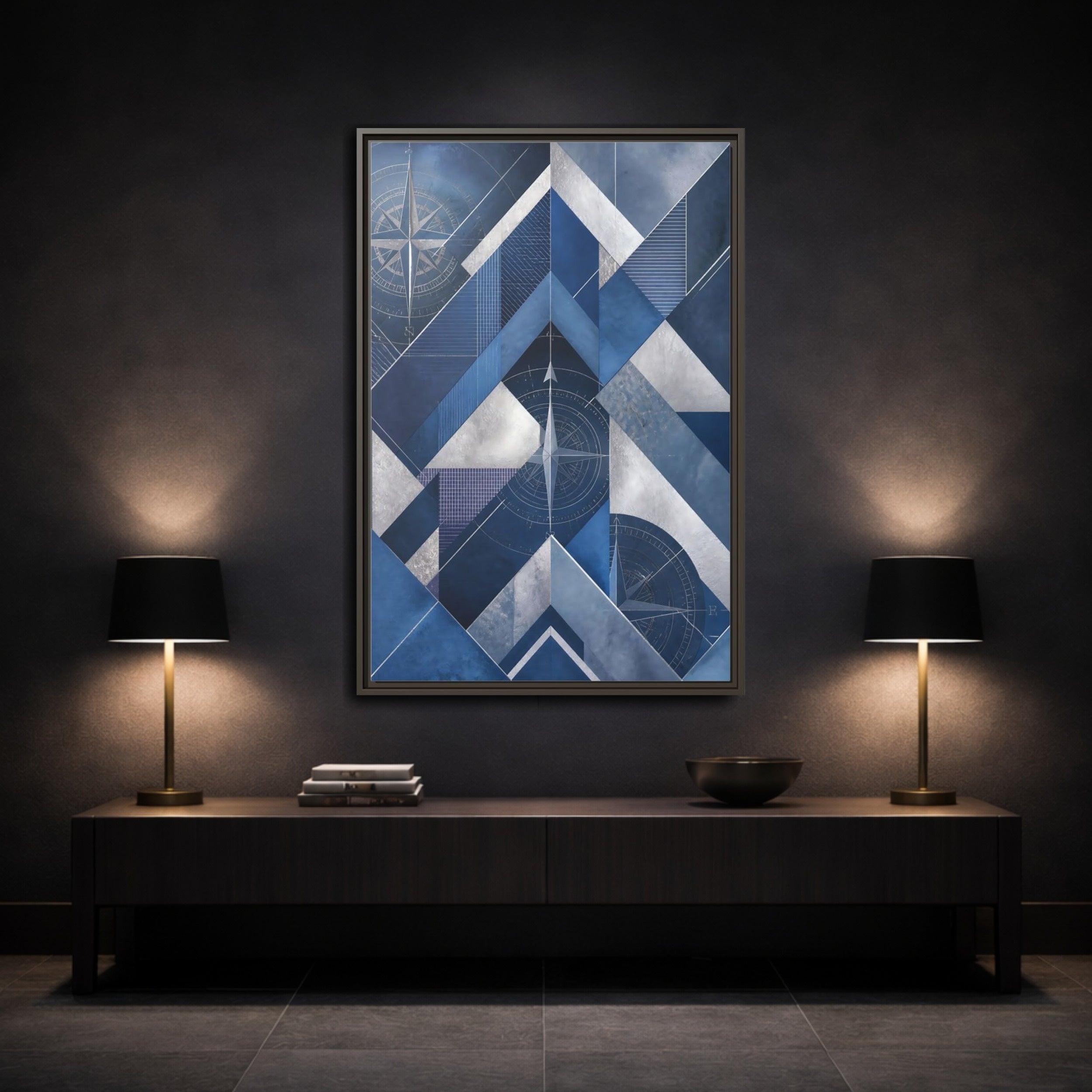 Mockup 3. Maps Compass Rose Blue And Silver shown as stretched canvas wall art