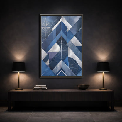 Mockup 3. Maps Compass Rose Blue And Silver shown as stretched canvas wall art
