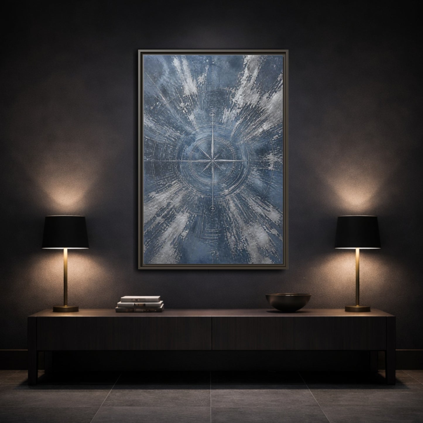 Mockup 3. Maps Compass Rose Blue And Silver shown as stretched canvas wall art