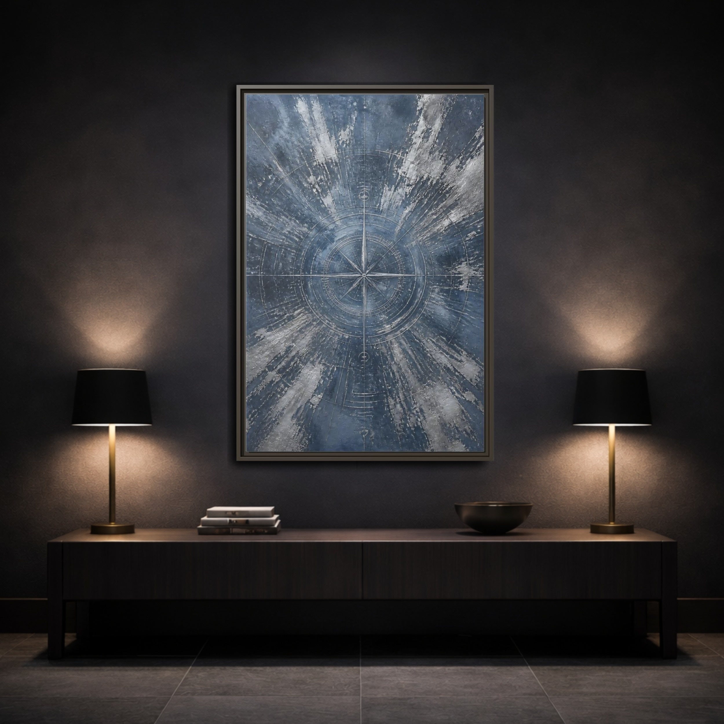 Mockup 3. Maps Compass Rose Blue And Silver shown as stretched canvas wall art