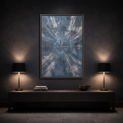 Mockup 3. Maps Compass Rose Blue And Silver shown as stretched canvas wall art