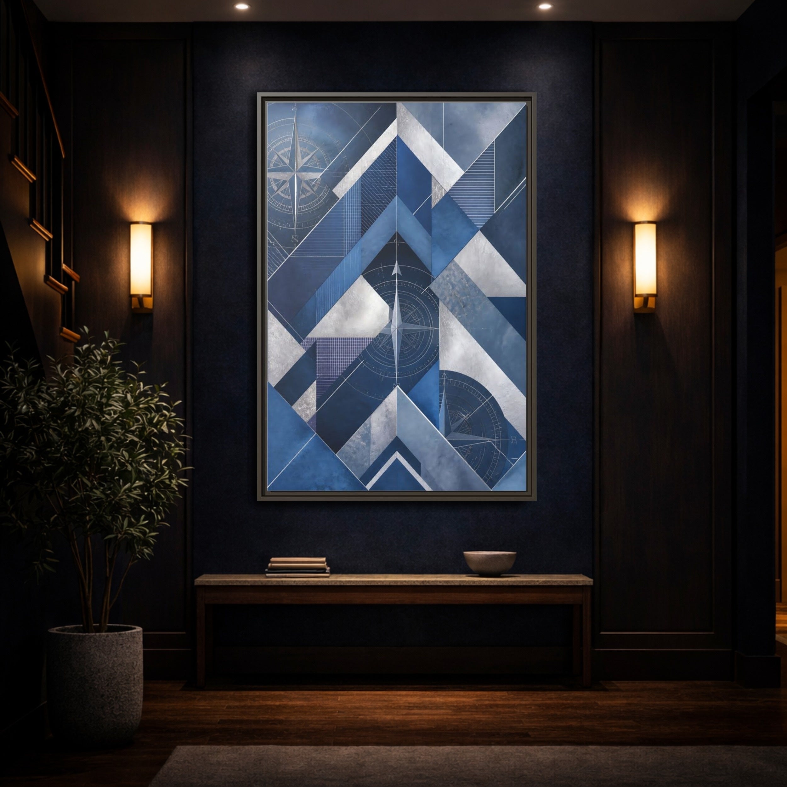 Mockup 4. Maps Compass Rose Blue And Silver shown as stretched canvas wall art
