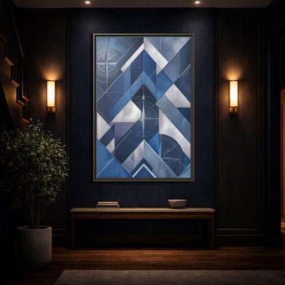 Mockup 4. Maps Compass Rose Blue And Silver shown as stretched canvas wall art