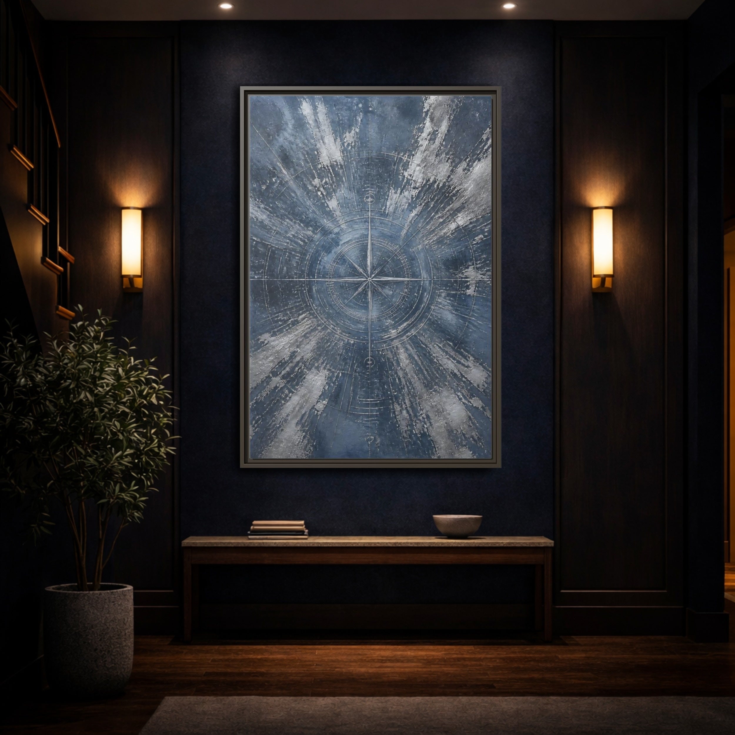 Mockup 4. Maps Compass Rose Blue And Silver shown as stretched canvas wall art