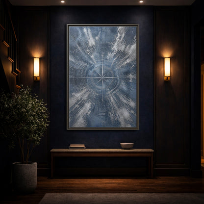 Mockup 4. Maps Compass Rose Blue And Silver shown as stretched canvas wall art