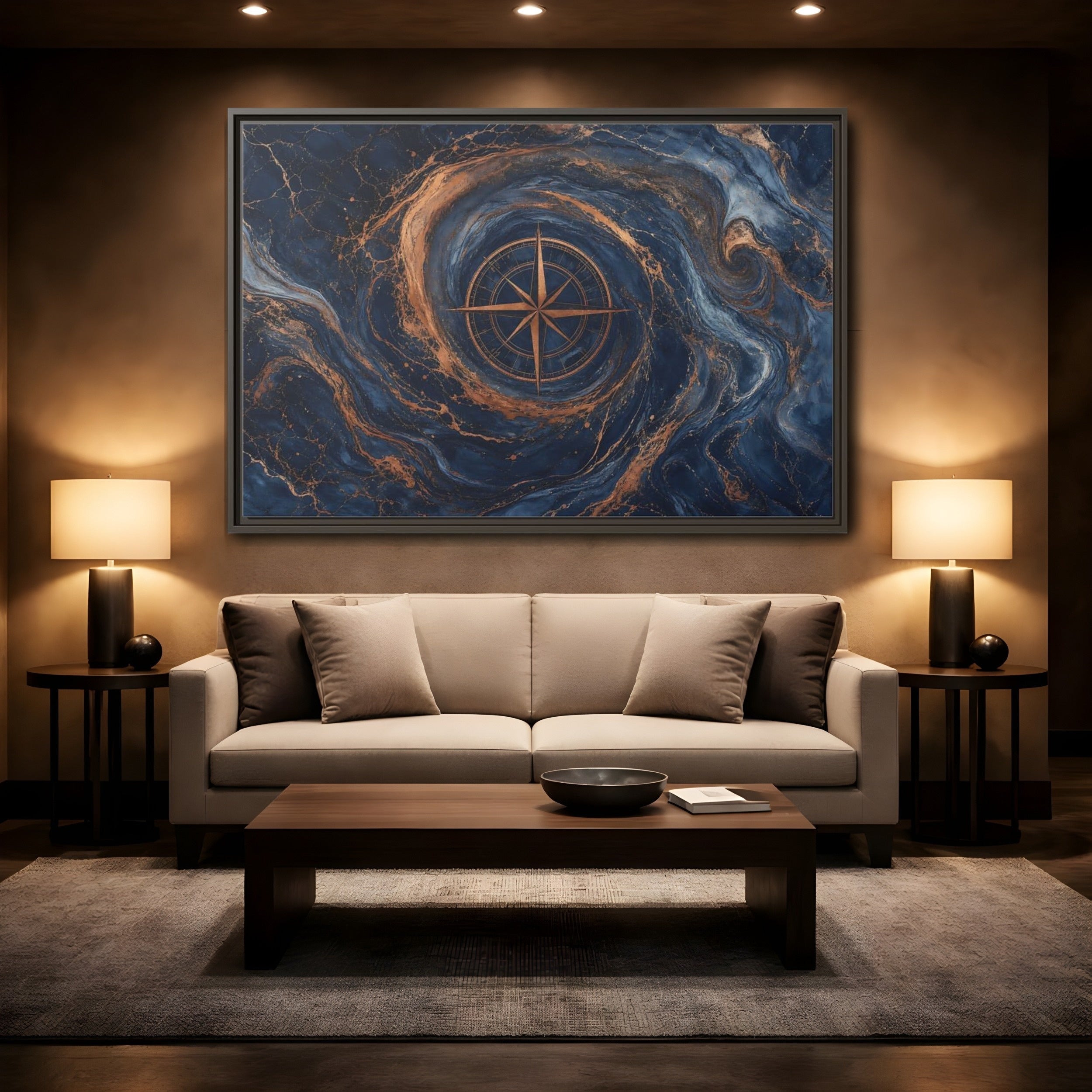 Mockup 2. Maps Compass Rose Blue Gold Compass shown as stretched canvas wall art