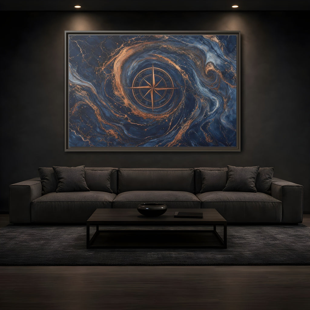 Mockup 3. Maps Compass Rose Blue Gold Compass shown as stretched canvas wall art