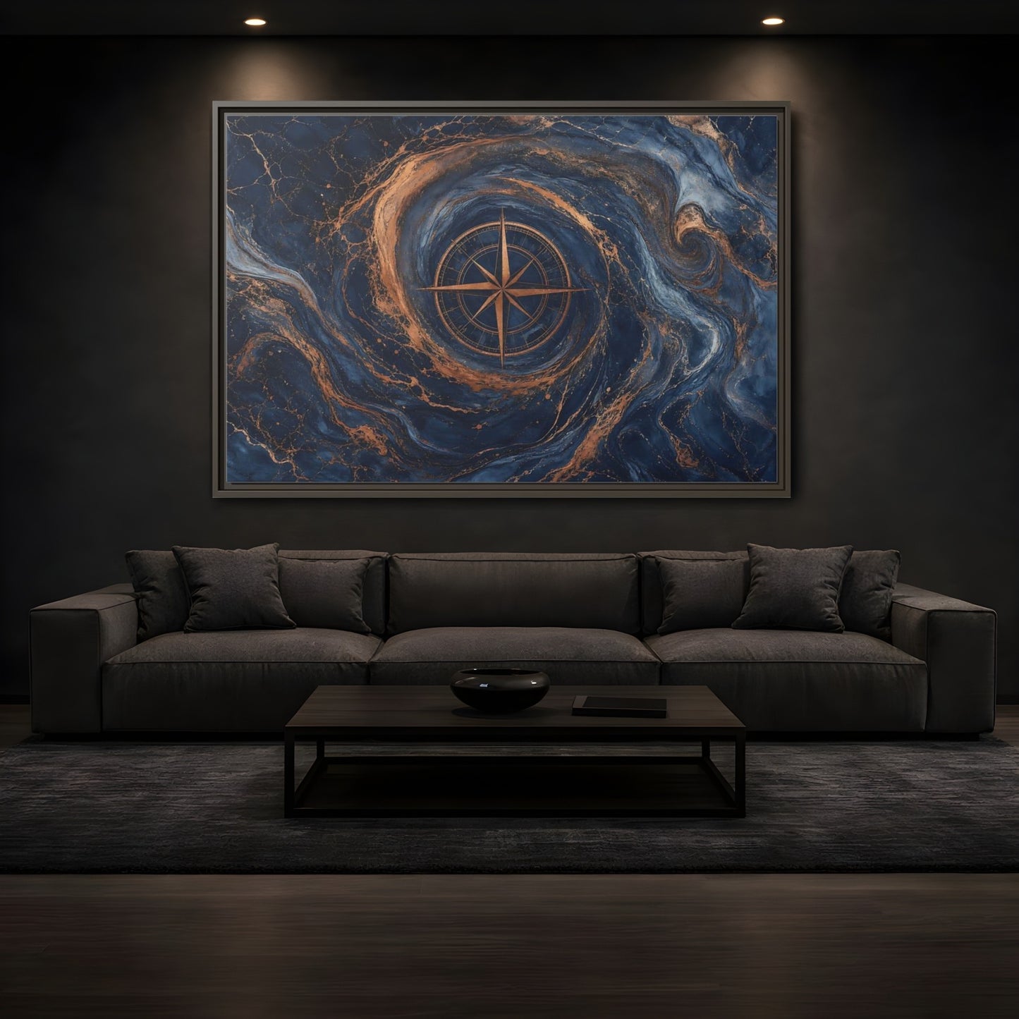 Mockup 3. Maps Compass Rose Blue Gold Compass shown as stretched canvas wall art