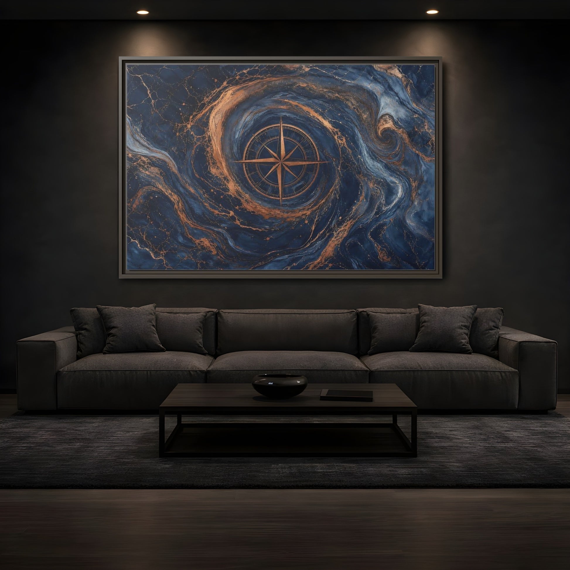 Mockup 3. Maps Compass Rose Blue Gold Compass shown as stretched canvas wall art