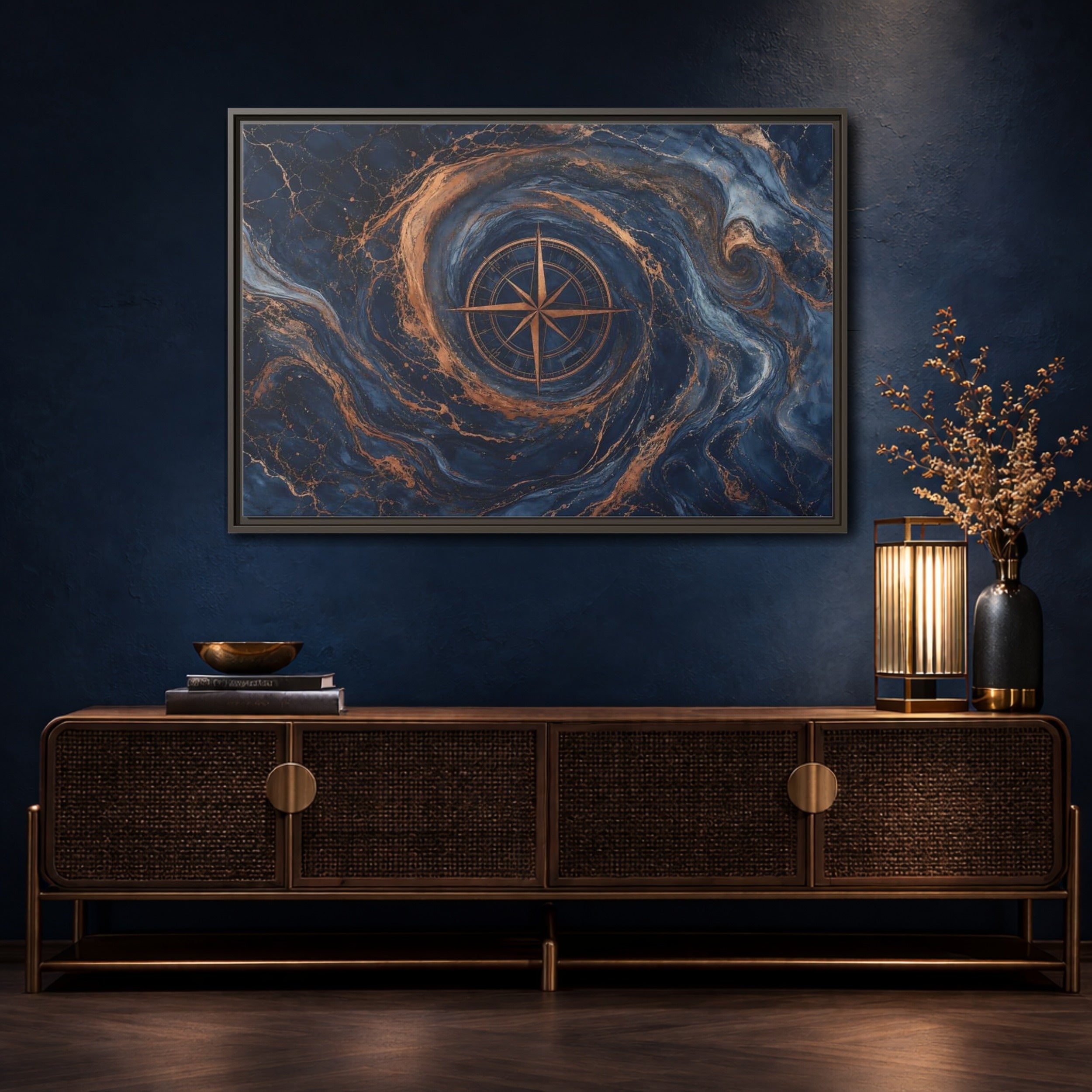 Mockup 4. Maps Compass Rose Blue Gold Compass shown as stretched canvas wall art