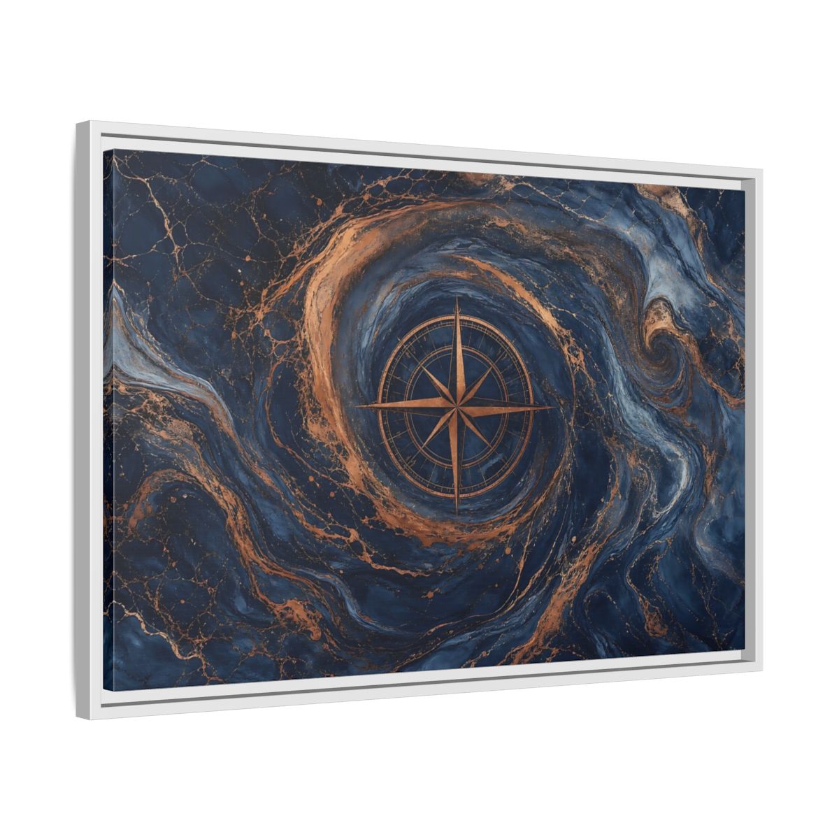 Side Mockup 10. Maps Compass Rose Blue Gold Compass shown as stretched canvas wall art