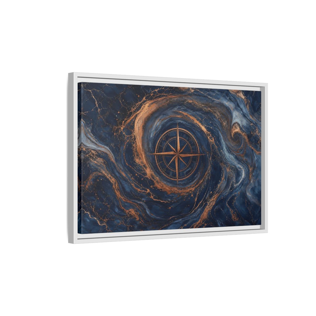 Side Mockup 1. Maps Compass Rose Blue Gold Compass shown as stretched canvas wall art