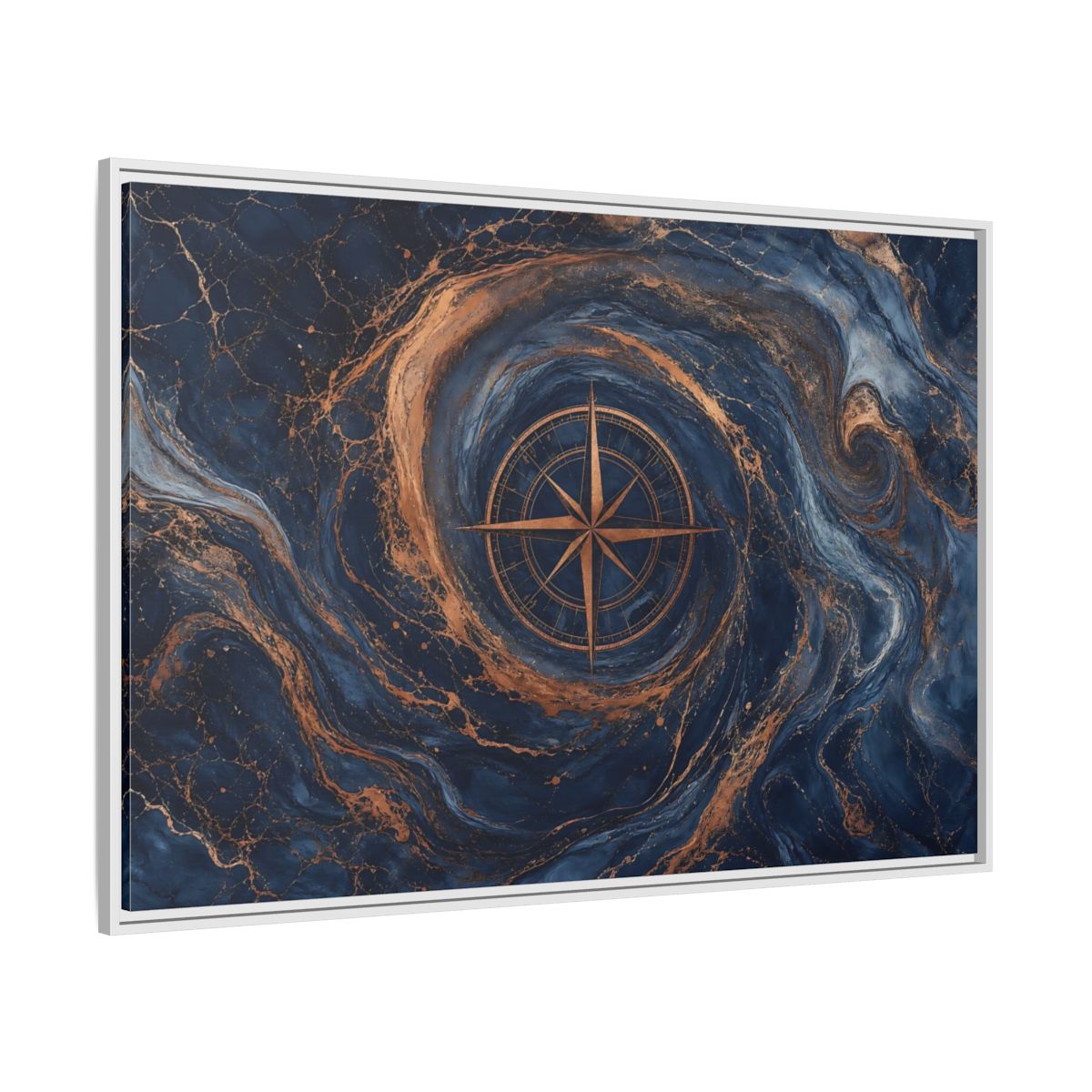 Side Mockup 7. Maps Compass Rose Blue Gold Compass shown as stretched canvas wall art