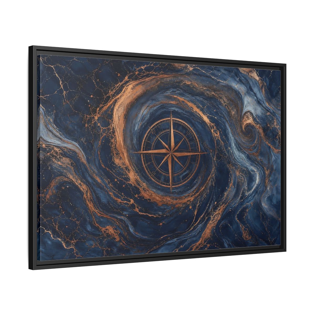 Side Mockup 13. Maps Compass Rose Blue Gold Compass shown as stretched canvas wall art