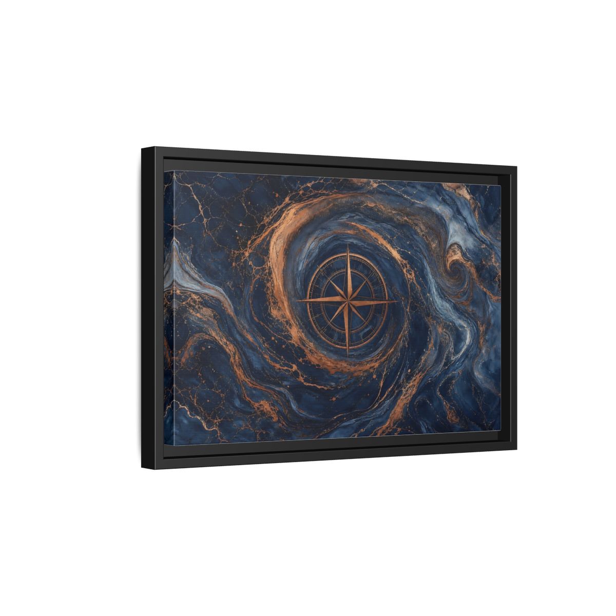 Side Mockup 6. Maps Compass Rose Blue Gold Compass shown as stretched canvas wall art