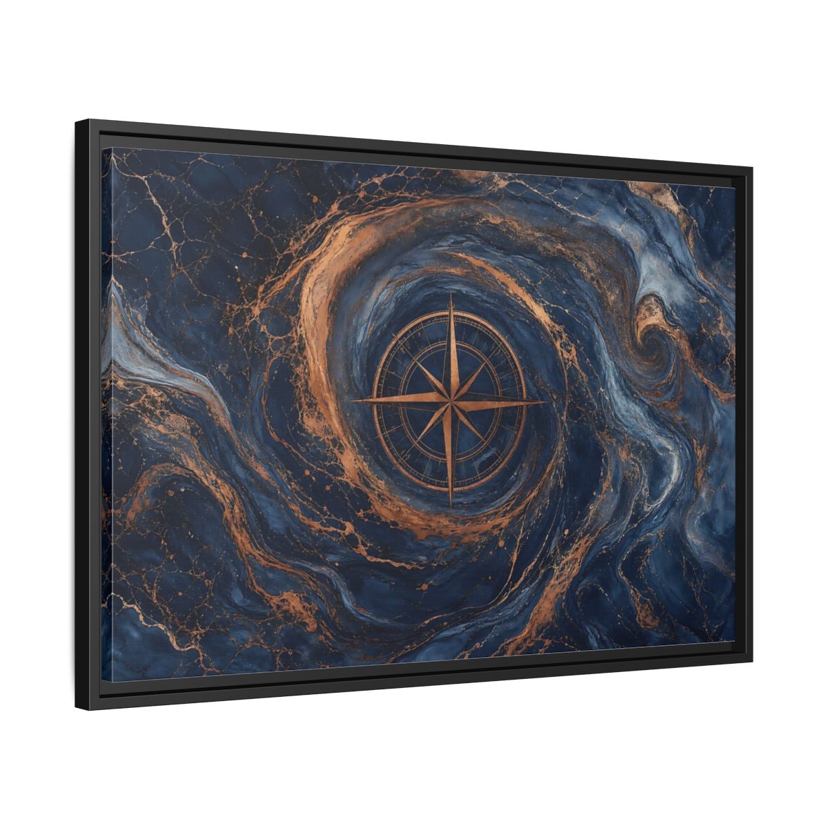 Side Mockup 14. Maps Compass Rose Blue Gold Compass shown as stretched canvas wall art