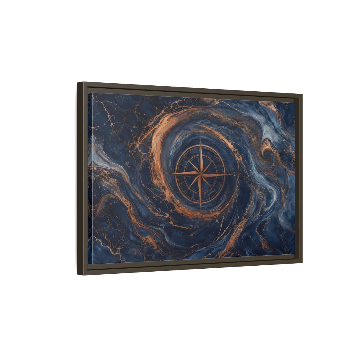 Side Mockup 2. Maps Compass Rose Blue Gold Compass shown as stretched canvas wall art