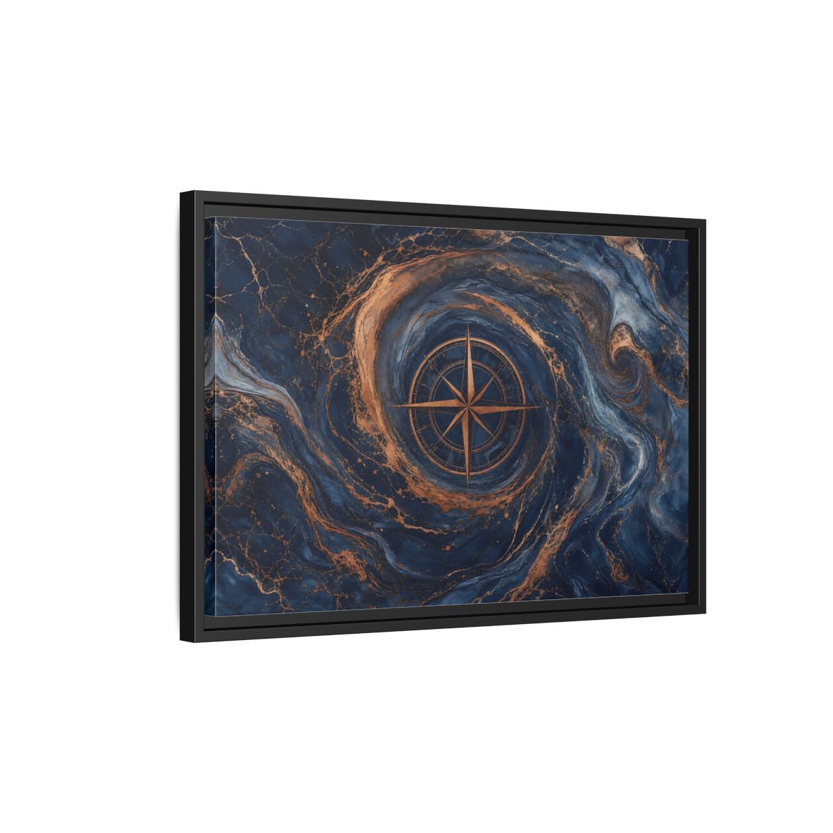 Side Mockup 3. Maps Compass Rose Blue Gold Compass shown as stretched canvas wall art