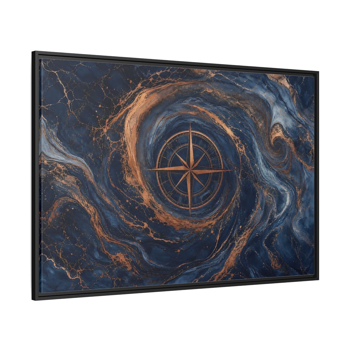 Side Mockup 12. Maps Compass Rose Blue Gold Compass shown as stretched canvas wall art