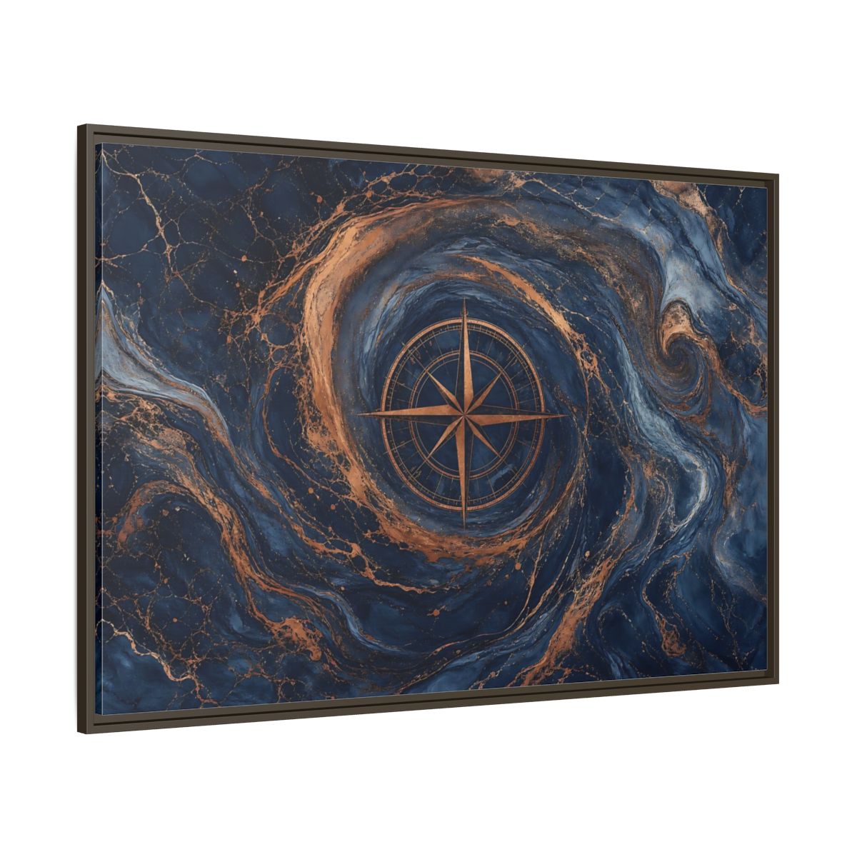 Side Mockup 8. Maps Compass Rose Blue Gold Compass shown as stretched canvas wall art