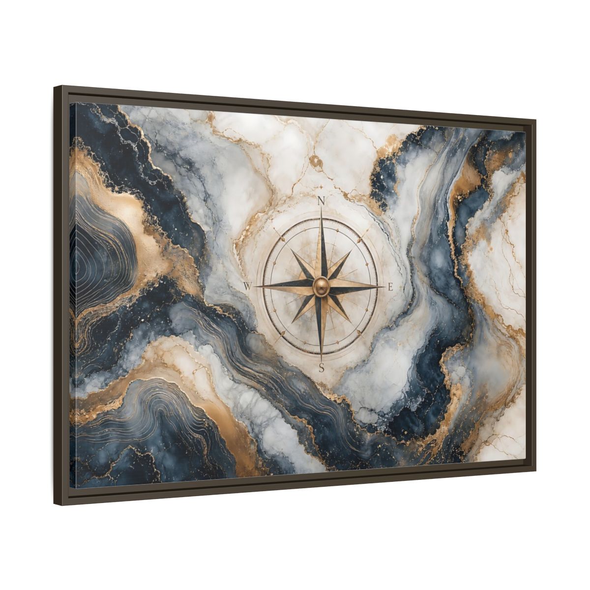Main Mockup. Maps Compass Rose Navy Gold Marble shown as stretched canvas wall art
