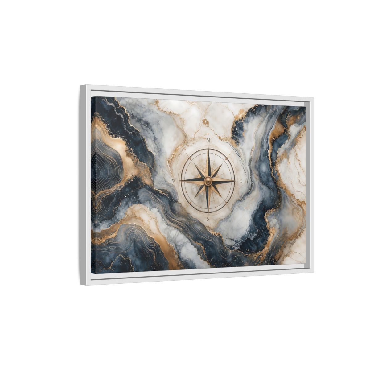 Side Mockup 1. Maps Compass Rose Navy Gold Marble shown as stretched canvas wall art