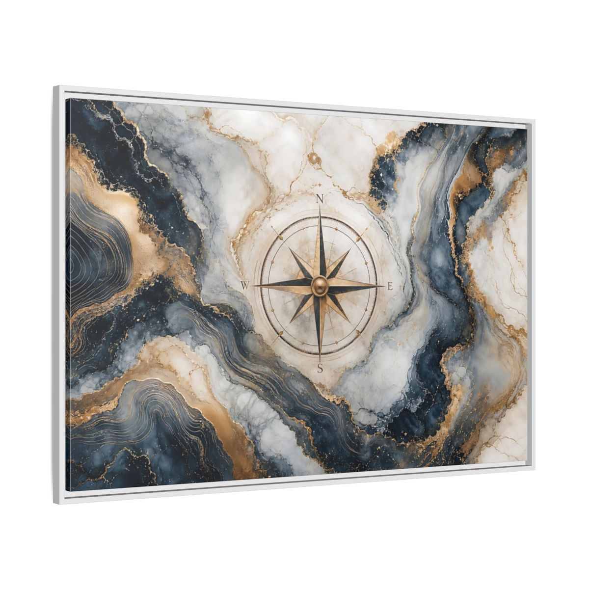 Side Mockup 7. Maps Compass Rose Navy Gold Marble shown as stretched canvas wall art
