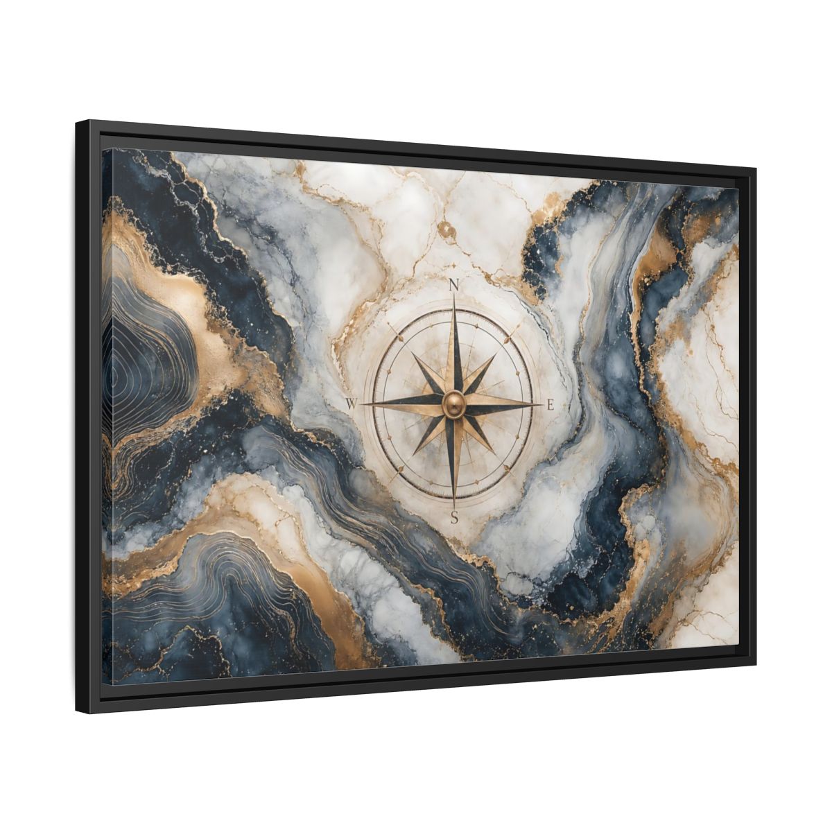 Side Mockup 14. Maps Compass Rose Navy Gold Marble shown as stretched canvas wall art