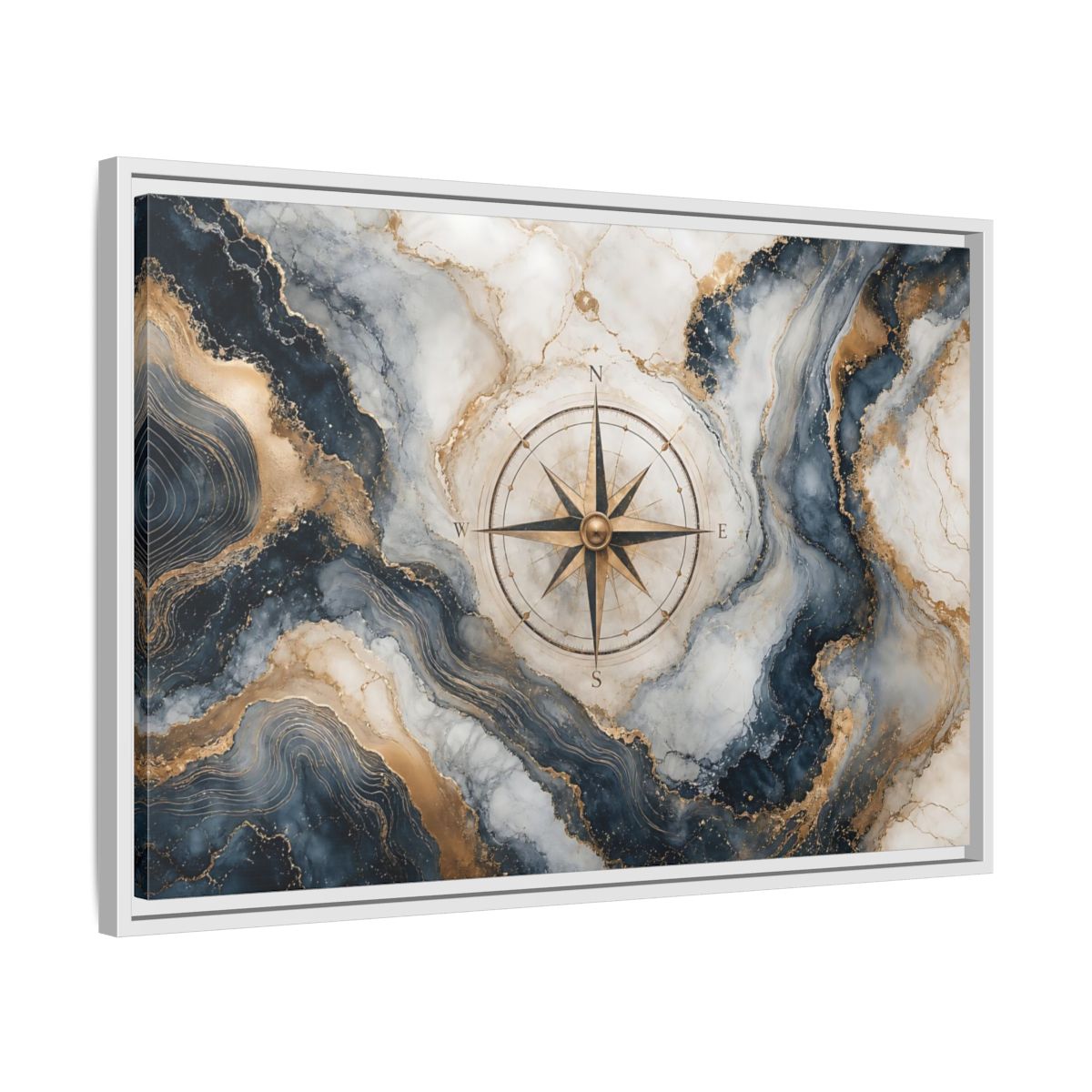 Side Mockup 10. Maps Compass Rose Navy Gold Marble shown as stretched canvas wall art