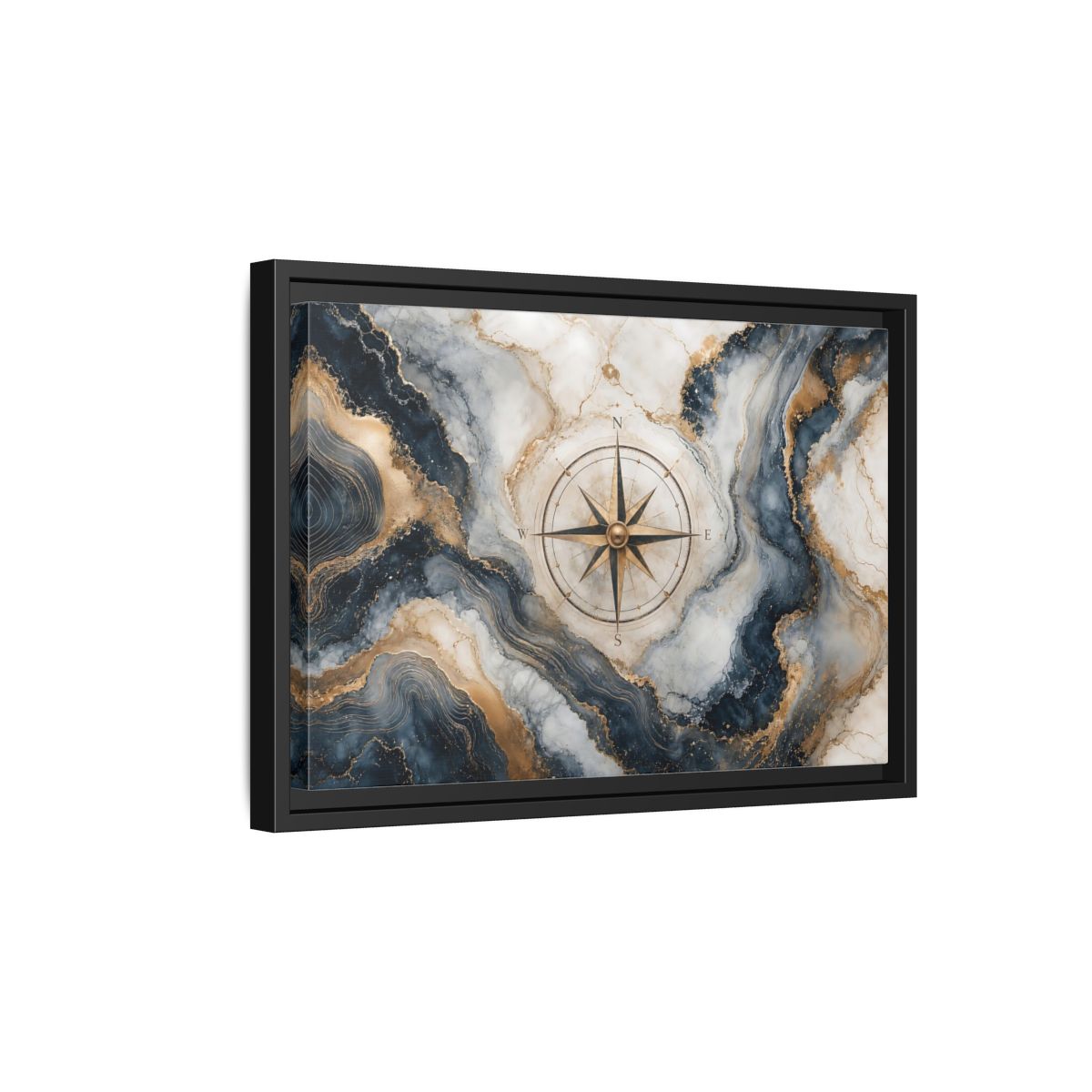 Side Mockup 6. Maps Compass Rose Navy Gold Marble shown as stretched canvas wall art