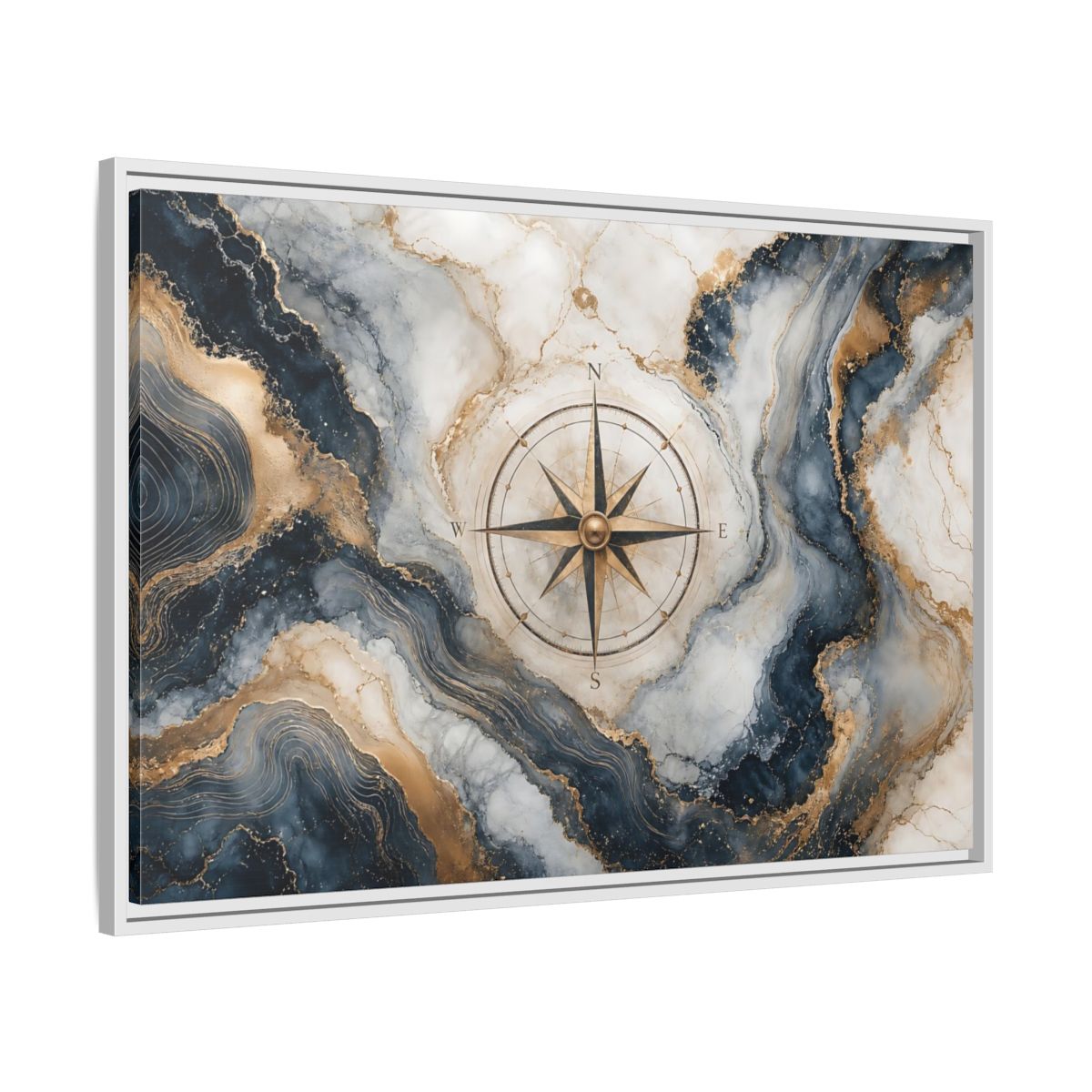 Side Mockup 9. Maps Compass Rose Navy Gold Marble shown as stretched canvas wall art