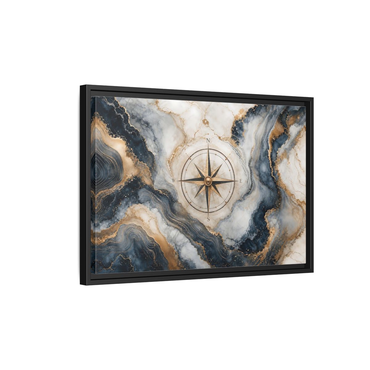 Side Mockup 3. Maps Compass Rose Navy Gold Marble shown as stretched canvas wall art