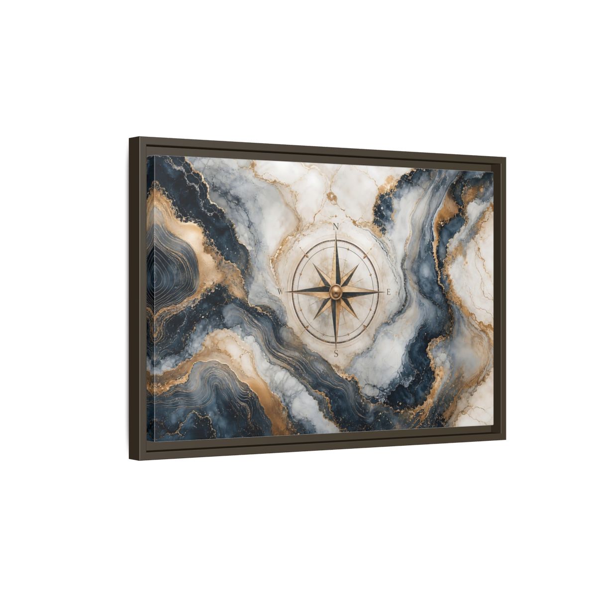 Side Mockup 2. Maps Compass Rose Navy Gold Marble shown as stretched canvas wall art