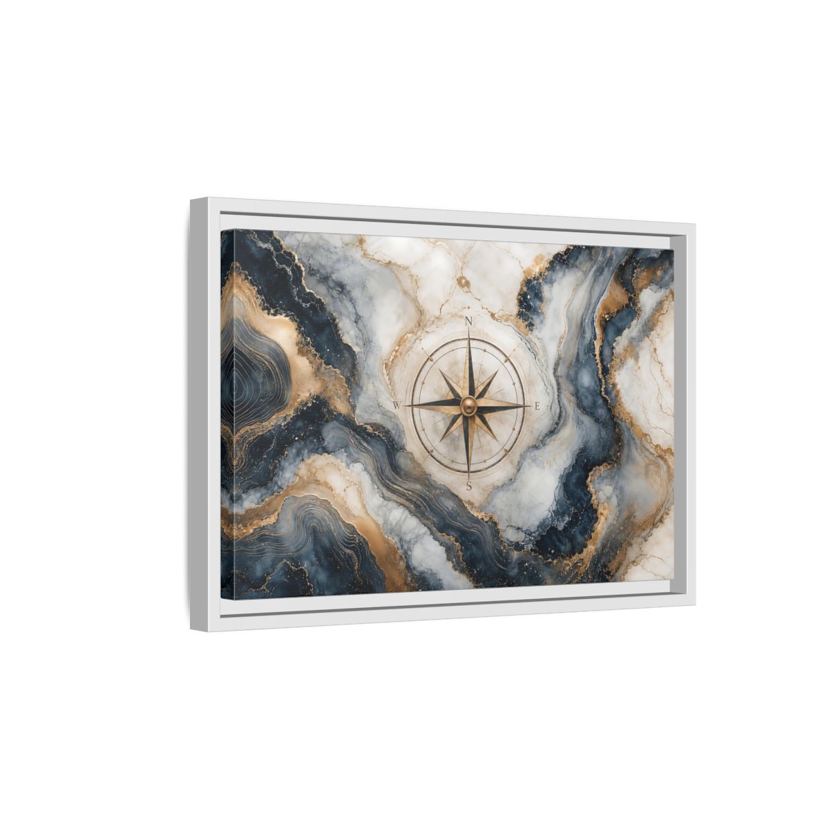 Side Mockup 4. Maps Compass Rose Navy Gold Marble shown as stretched canvas wall art
