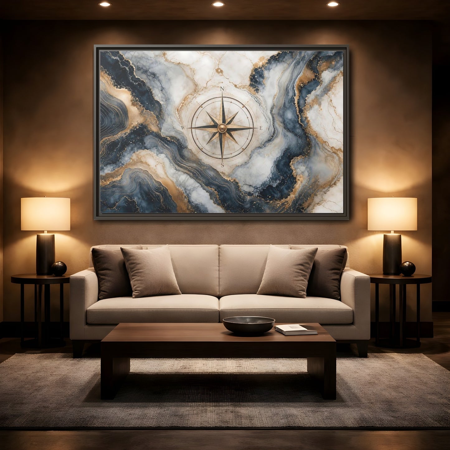 Mockup 2. Maps Compass Rose Navy Gold Marble shown as stretched canvas wall art