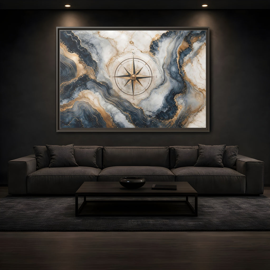 Mockup 3. Maps Compass Rose Navy Gold Marble shown as stretched canvas wall art