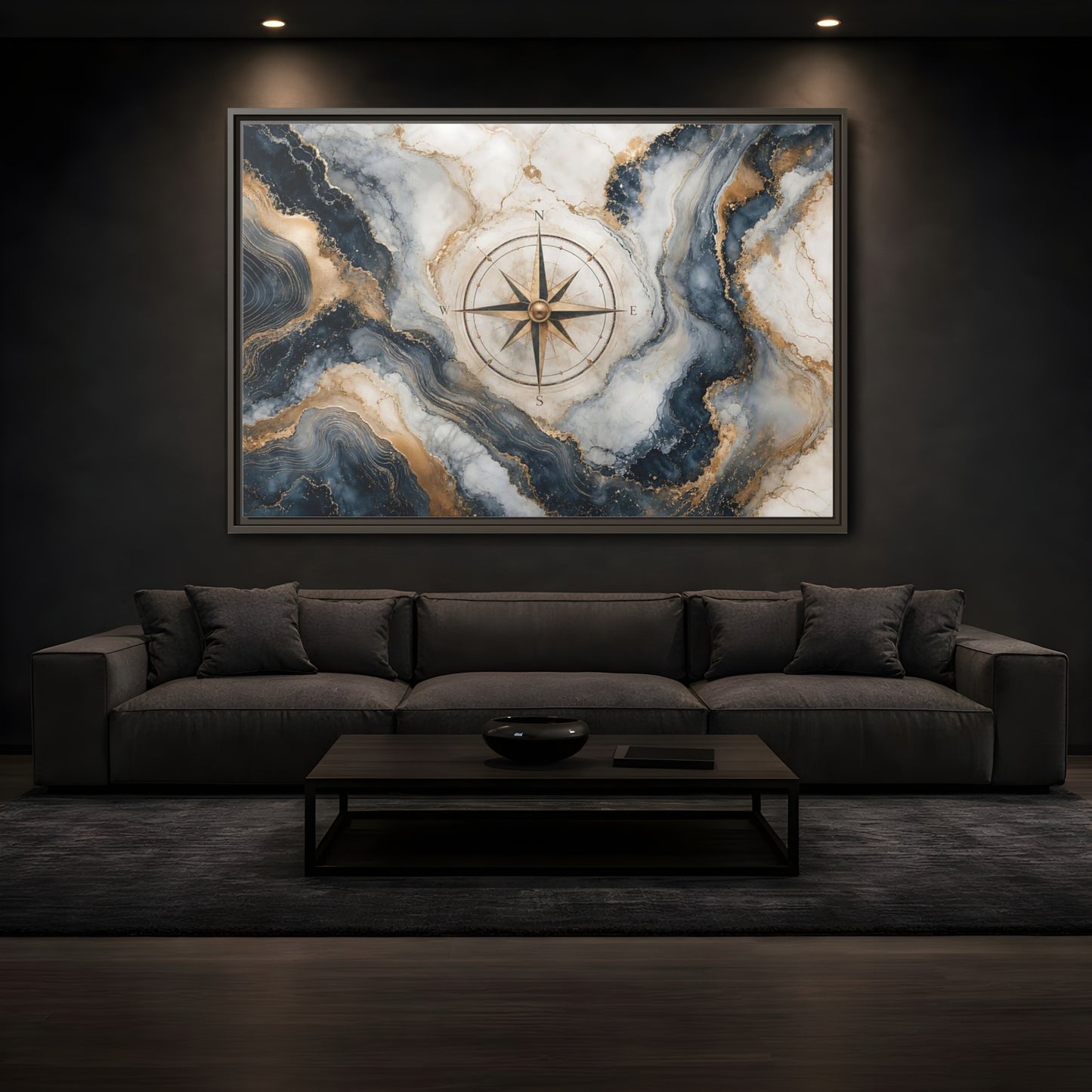 Mockup 3. Maps Compass Rose Navy Gold Marble shown as stretched canvas wall art
