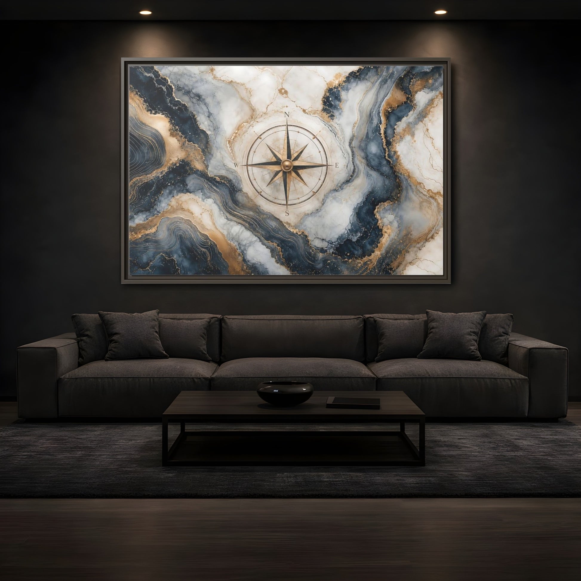 Mockup 3. Maps Compass Rose Navy Gold Marble shown as stretched canvas wall art