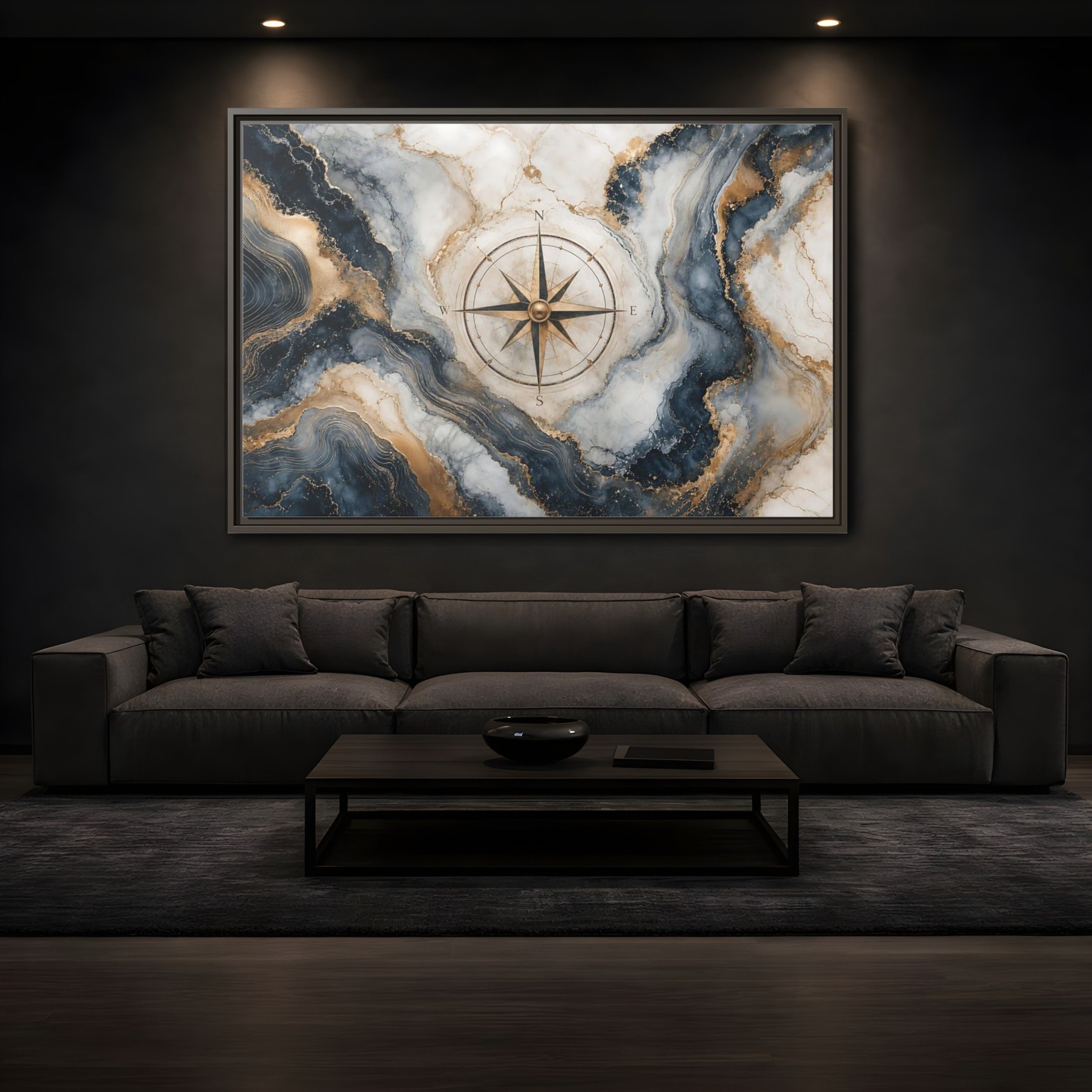Mockup 3. Maps Compass Rose Navy Gold Marble shown as stretched canvas wall art