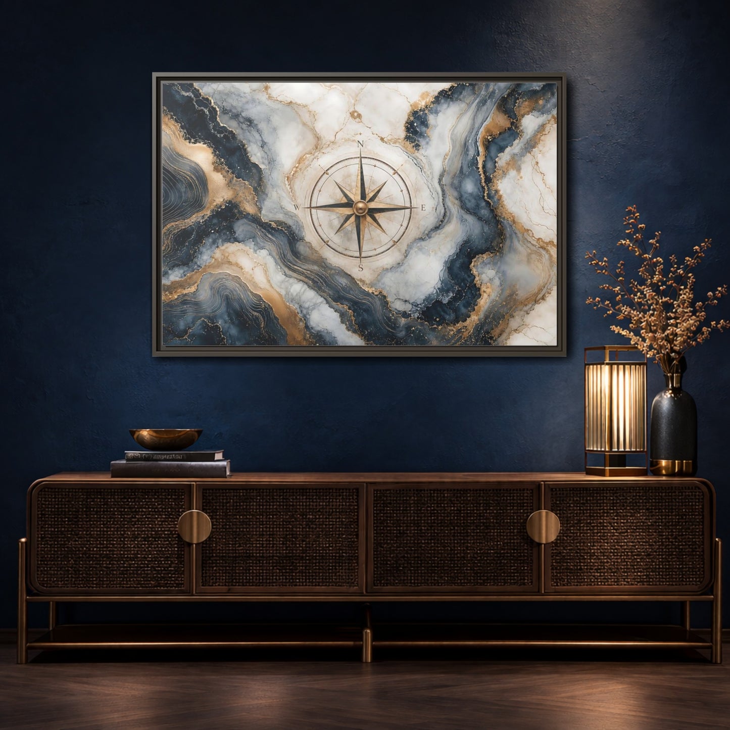 Mockup 4. Maps Compass Rose Navy Gold Marble shown as stretched canvas wall art