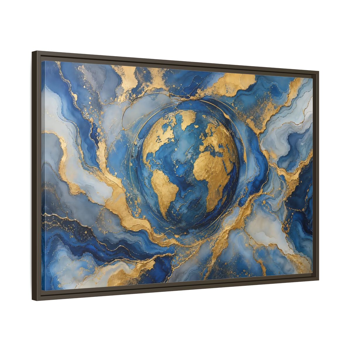 Main Mockup. Maps Earth Blue Gold Earth shown as stretched canvas wall art