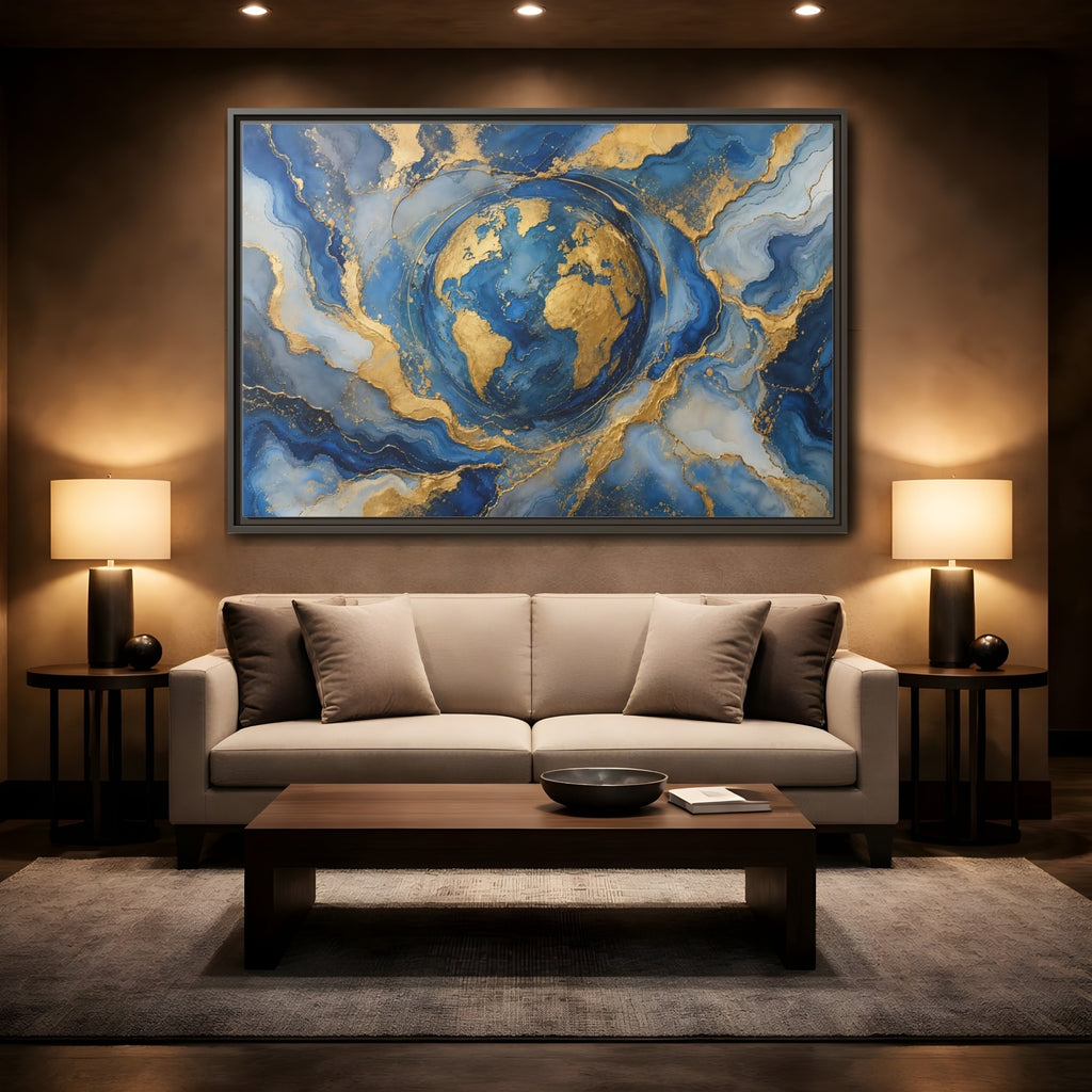 Mockup 2. Maps Earth Blue Gold Earth shown as stretched canvas wall art